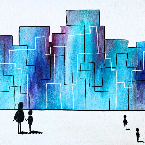 imagen de pintura representando una ciudad y la sociedad capitalista
