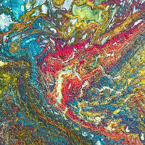 imagen de pintura abstracta con técnica de acrilico fluido en multiples colores, texturada con acrílicos de pigmentos encapsulados simula la imagen de un mapa cartográfico