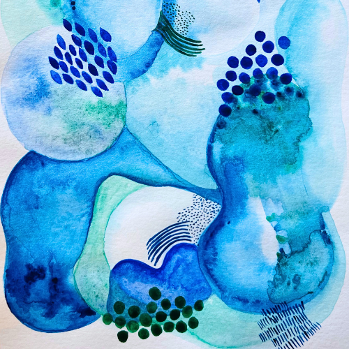 imagen de pintura en acuarela en tonos acqua y azules simulando celulas