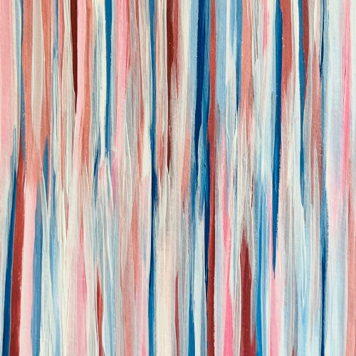 imagen de pintura abstracta de rayas en tonos azules y rosados simulando el toldo de un circo