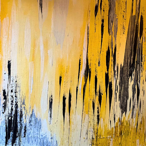 imagen de pintura abstracta en tonos amarillos, blancos y negros. Pinceladas duras, simulando el desierto