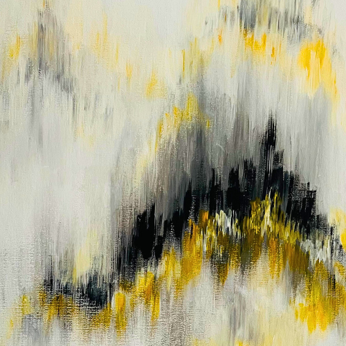 imagen de pintura abstracta representando el Everest. Fondo blanco y detalles en color amarillo y negro