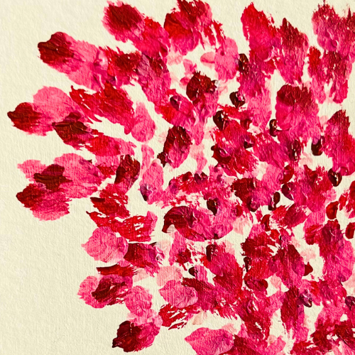 imagen de pintura abstracta representando un conjunto de frambuesas en tonos fucsias