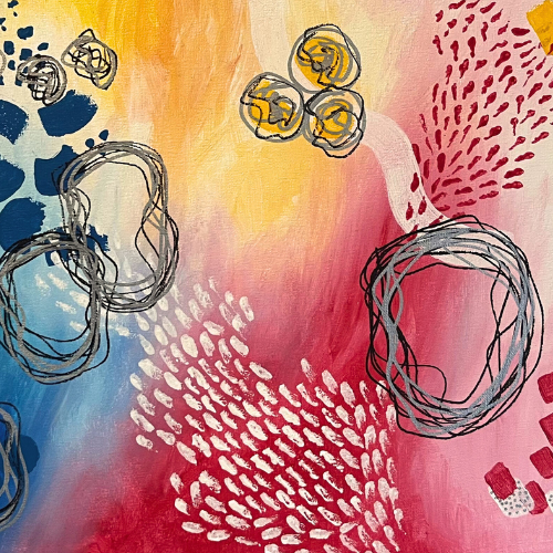 imagen de pintura abstracta en tonos azul, amarillo y fucsia representando la galaxia. Detalles de circulos y pequeños trazados en marcador