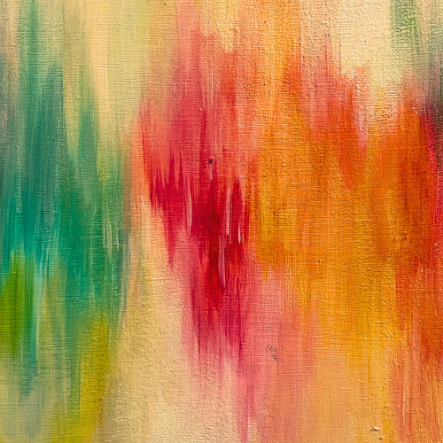 imagen de pintura abstracta en tonos fucsia, naranja y acqua. Pinceladas violentas simulando incendio forestal