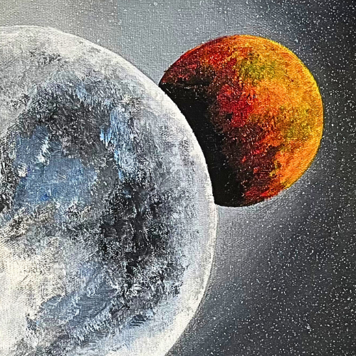imagen de pintura de la luna y marte. primer plano con fondo oscuro