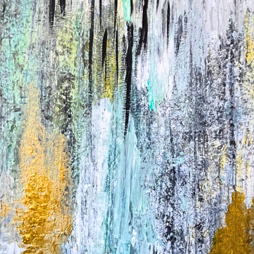 imagen de pintura abstracta en tonos acqua, dorado y negro representando la piel de un lagarto