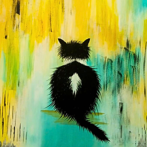 imagen de pintura de gato negro y blanco en posición de espaldas. Fondo abstracto en tonos acqua y mostaza