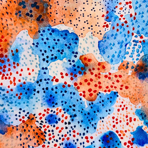 imagen de pintura en acuarela representando microorganismos en colores naranja y azul