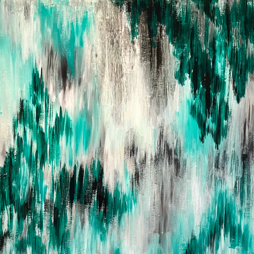 imagen de pintura abstracta en tonos verdes y grises representando la naturaleza, el musgo