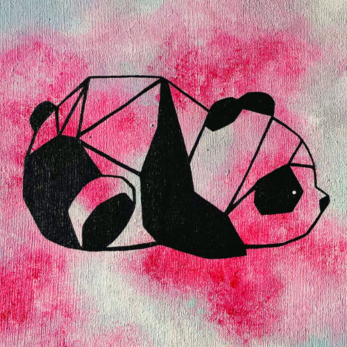 imagen de pintura con oso panda pintado en formato geométrico color negro con fondo abstracto en tonos rosados