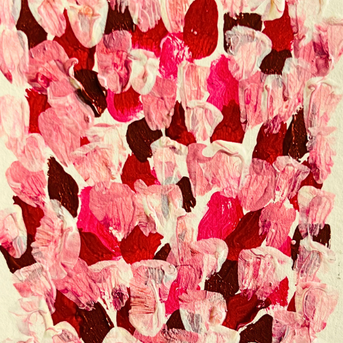 imagen de pintura abstracta simulando petalos de flores en tonos rosas y fucsias.