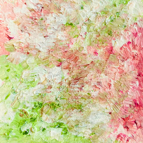 imagen de pintura abstracta en tonos verdes, rosas y blanco representando conjunto de flores petunias