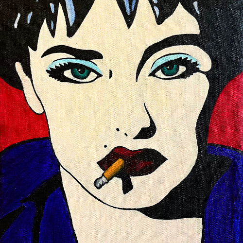 imagen de pintura con técnica de arte pop. Mujer con cabello corto negro, remera azul y cigarrillo en la boca. Fondo rojo