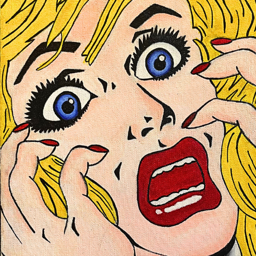 imagen de pintura con técnica de arte pop. Mujer gritando con cabello rubio, ojos celestes y labios rojos.