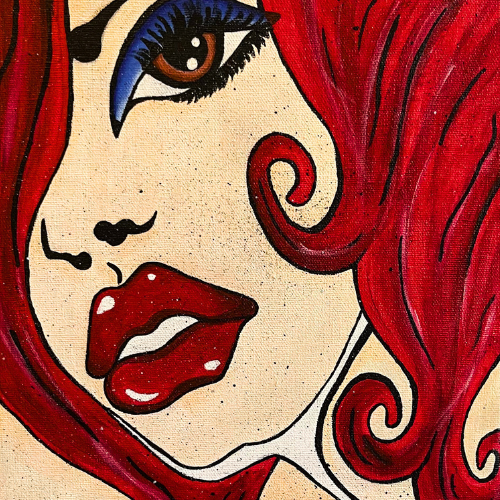 imagen de pintura con técnica de arte pop. Mujer con cabello y labios rojos, de perfil