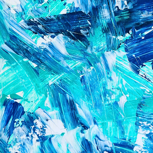 imagen de pintura abstracta con espatula en colores azuñ, acqua y blanco