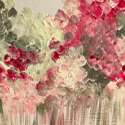 imagen de pintura abstracta representando arboles floreados en tonos rosas y grises
