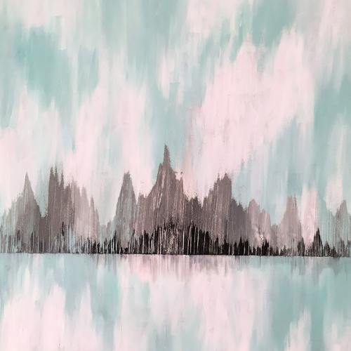 imagen de pintura abstracta en tonos acqua y grises representando ciudad a la distancia