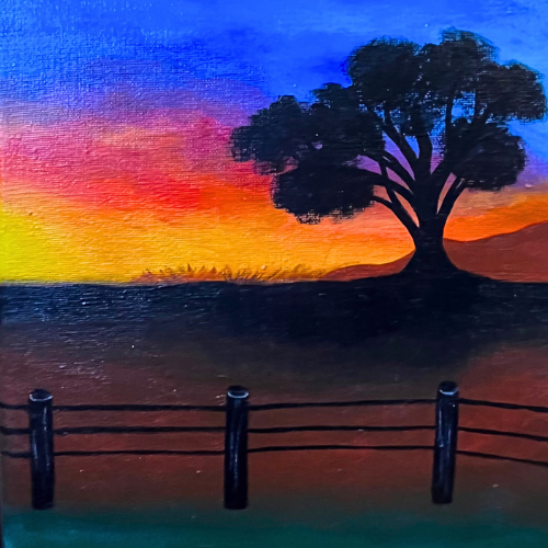 imagen de pintura de atardecer en tonos naranjas y azules con un arbol y una tranquera