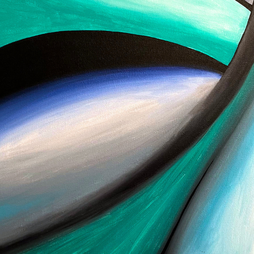 imagen de pintura asbtracta representando un tunel del tiempo en tonos acqua, grises y azules